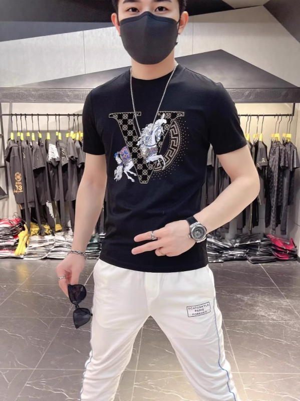 Ευρωπαϊκό Πολυτελές Καλοκαιρινό Ανδρικό T-shirt με στρας, στρογγυλός λαιμός, εκτύπωση, κοντό μανίκι, άνεση