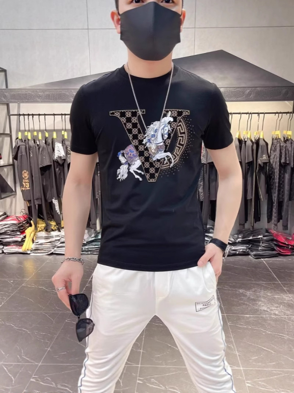 Ευρωπαϊκό Πολυτελές Καλοκαιρινό Ανδρικό T-shirt με στρας, στρογγυλός λαιμός, εκτύπωση, κοντό μανίκι, άνεση
