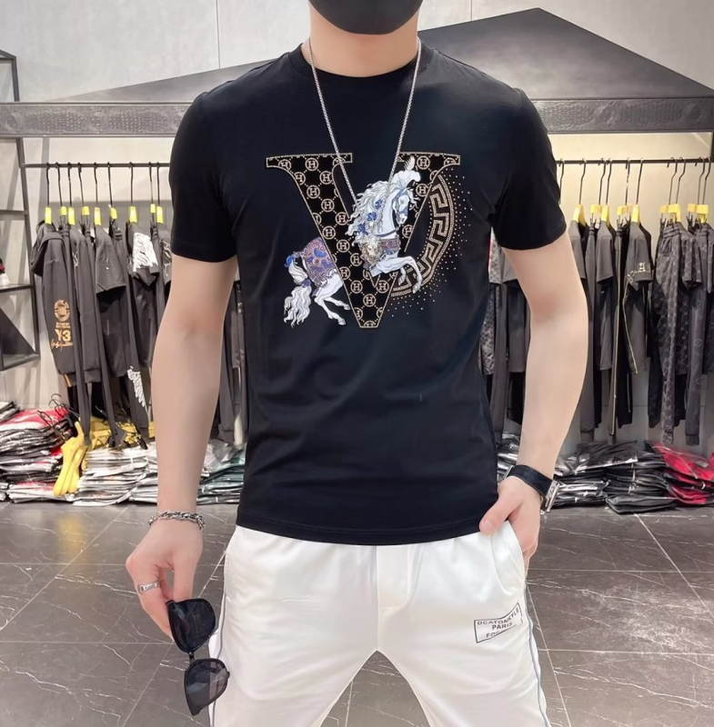 Ευρωπαϊκό Πολυτελές Καλοκαιρινό Ανδρικό T-shirt με στρας, στρογγυλός λαιμός, εκτύπωση, κοντό μανίκι, άνεση