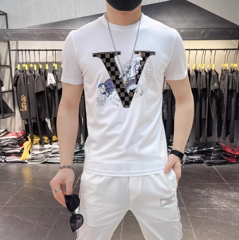 Ευρωπαϊκό Πολυτελές Καλοκαιρινό Ανδρικό T-shirt με στρας, στρογγυλός λαιμός, εκτύπωση, κοντό μανίκι, άνεση