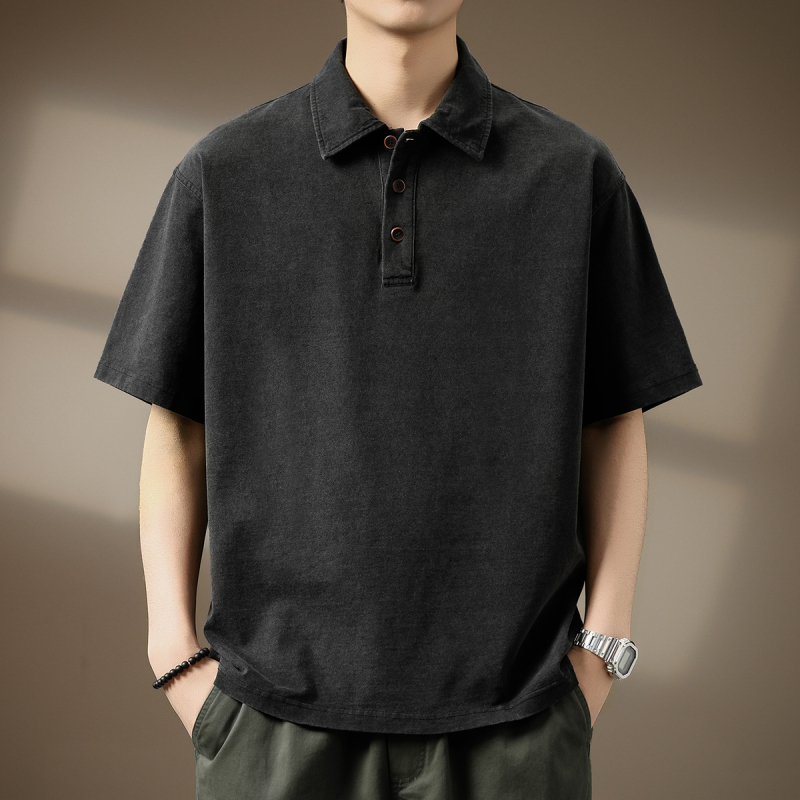 Muško polo s denim-texturom, kratkim rukavima, 260 g, ljeto, širokog kroja, polo ovratnik, vrhunski dojam