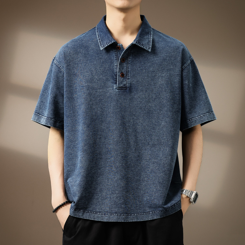 Muško polo s denim-texturom, kratkim rukavima, 260 g, ljeto, širokog kroja, polo ovratnik, vrhunski dojam