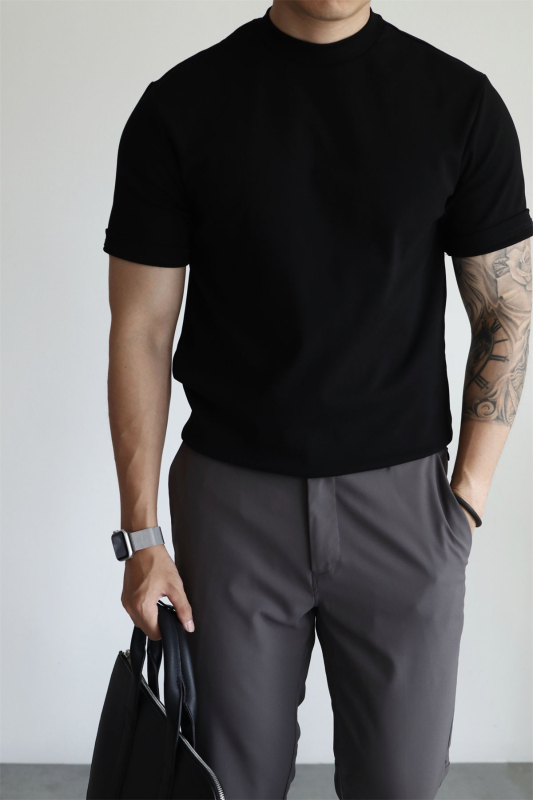 Muški T-shirt s kratkim rukavima i zaobljenim izrezom, 100% pamuk, elastičan, vintage, jednobojna, 2025 američki stil