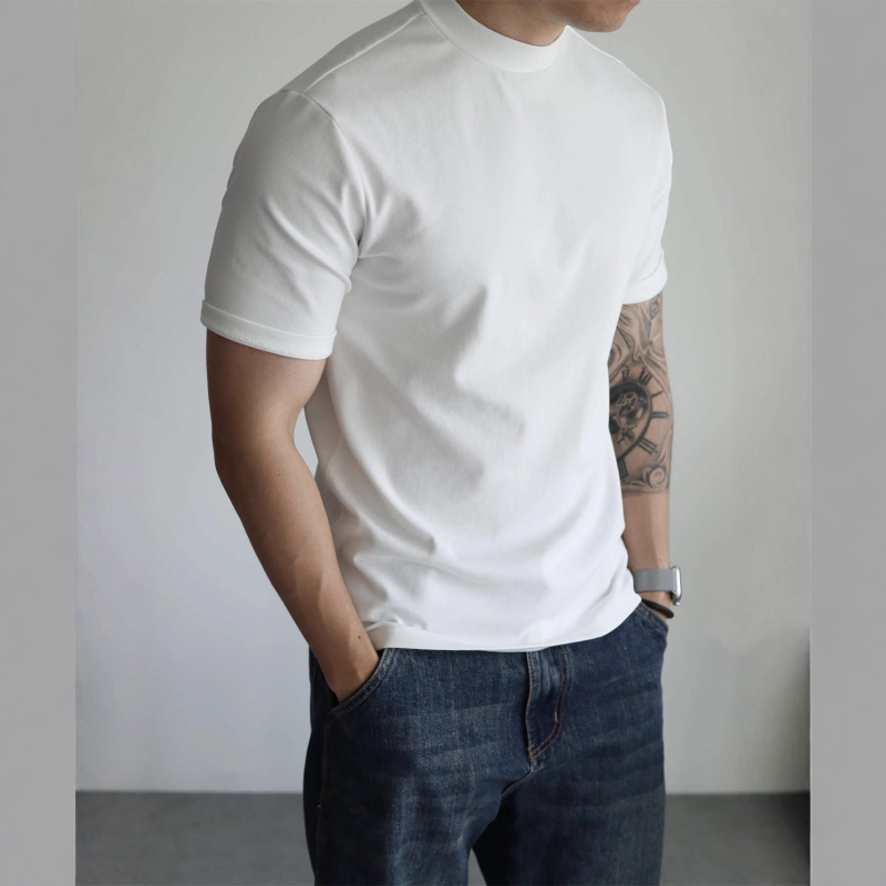 Muški T-shirt s kratkim rukavima i zaobljenim izrezom, 100% pamuk, elastičan, vintage, jednobojna, 2025 američki stil