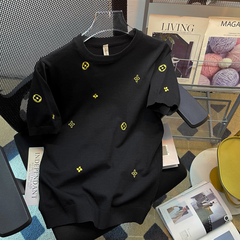 Muška kratka majica s okruglim izrezom, ice silk materijal, vezeni cvjetni točkast uzorak, stil koledža, slim kroj.