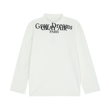 2531 Ανδρικό μακρυμάνικο λευκό βαμβακερό T-shirt με όρθιο γιακά, εκτύπωση με γράμματα, αμερικανικό ρετρό στυλ, εφαρμοστό