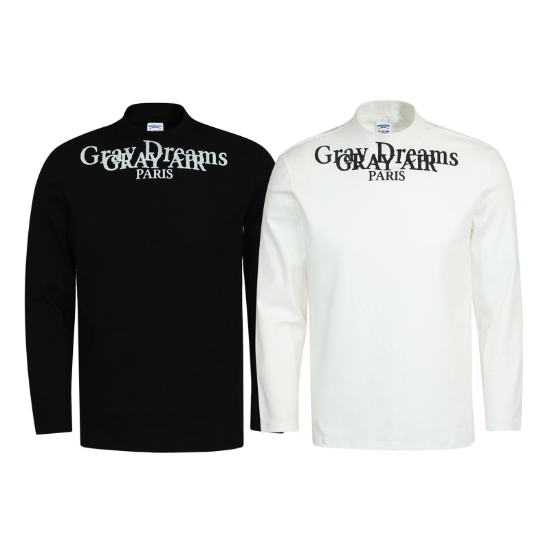 2531 Ανδρικό μακρυμάνικο λευκό βαμβακερό T-shirt με όρθιο γιακά, εκτύπωση με γράμματα, αμερικανικό ρετρό στυλ, εφαρμοστό
