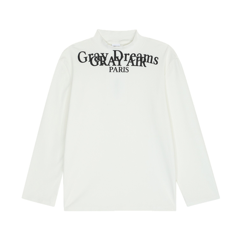 2531 Ανδρικό μακρυμάνικο λευκό βαμβακερό T-shirt με όρθιο γιακά, εκτύπωση με γράμματα, αμερικανικό ρετρό στυλ, εφαρμοστό
