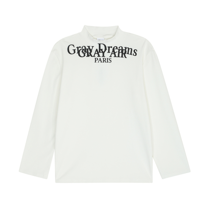 2531 Ανδρικό μακρυμάνικο λευκό βαμβακερό T-shirt με όρθιο γιακά, εκτύπωση με γράμματα, αμερικανικό ρετρό στυλ, εφαρμοστό