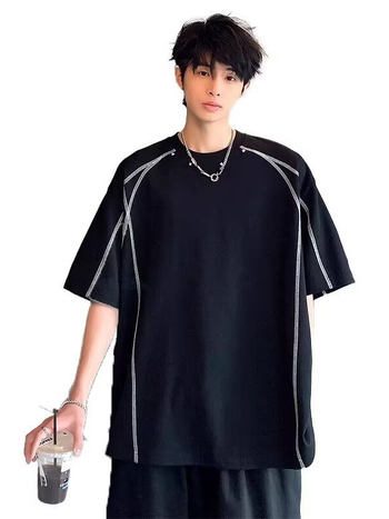 Ανδρικό T‑shirt με πτώση ώμου, καλοκαιρινό στυλ High Street, σχεδίαση γραμμών σε αντίθεση, στρογγυλός λαιμός, κοντά μανίκια