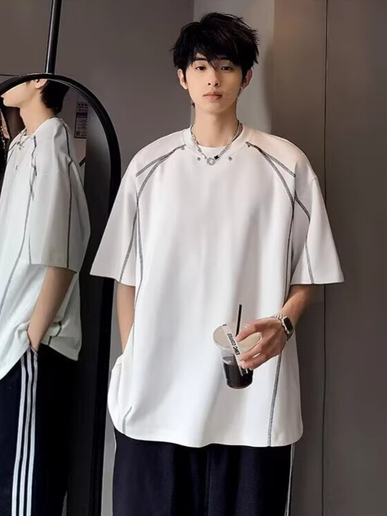Ανδρικό T‑shirt με πτώση ώμου, καλοκαιρινό στυλ High Street, σχεδίαση γραμμών σε αντίθεση, στρογγυλός λαιμός, κοντά μανίκια