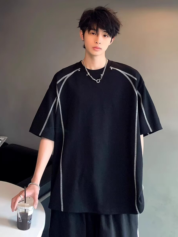 Ανδρικό T‑shirt με πτώση ώμου, καλοκαιρινό στυλ High Street, σχεδίαση γραμμών σε αντίθεση, στρογγυλός λαιμός, κοντά μανίκια