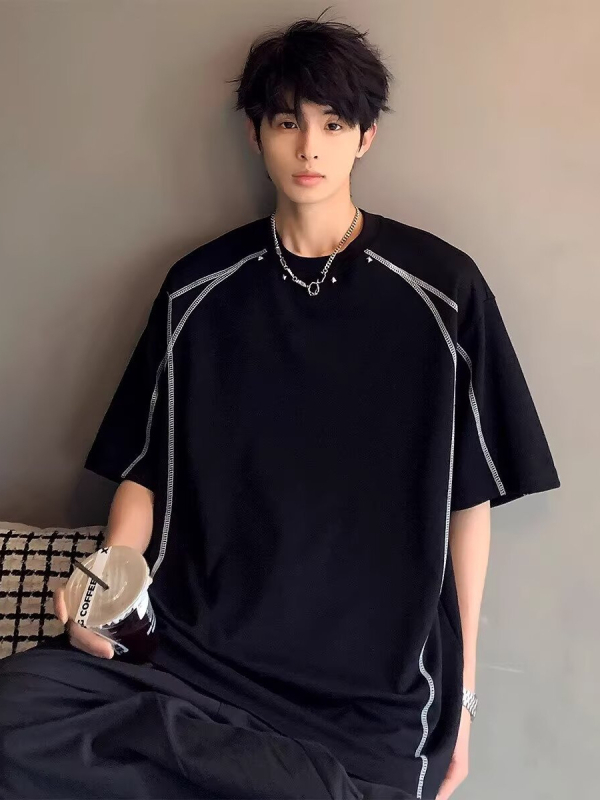 Ανδρικό T‑shirt με πτώση ώμου, καλοκαιρινό στυλ High Street, σχεδίαση γραμμών σε αντίθεση, στρογγυλός λαιμός, κοντά μανίκια