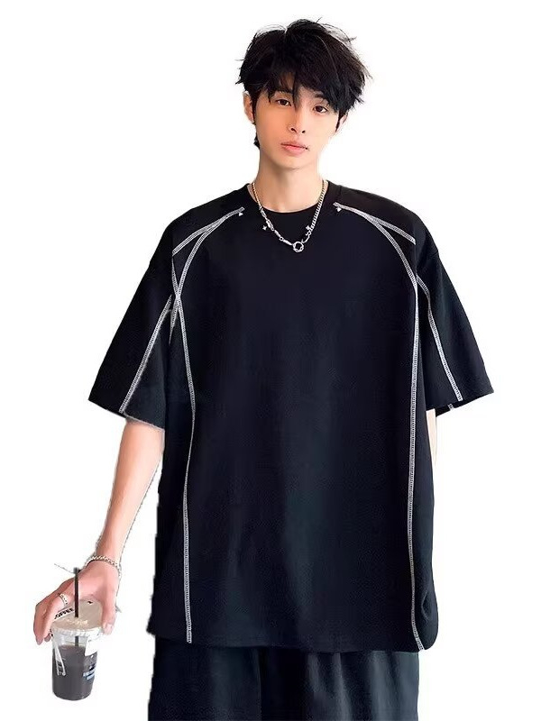 Ανδρικό T‑shirt με πτώση ώμου, καλοκαιρινό στυλ High Street, σχεδίαση γραμμών σε αντίθεση, στρογγυλός λαιμός, κοντά μανίκια
