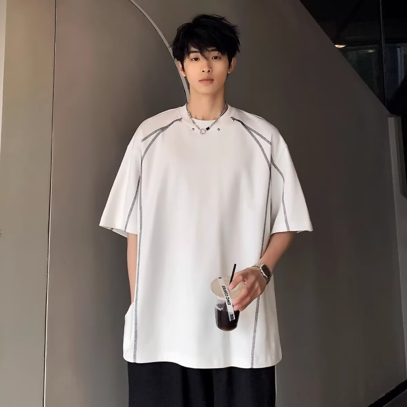 Ανδρικό T‑shirt με πτώση ώμου, καλοκαιρινό στυλ High Street, σχεδίαση γραμμών σε αντίθεση, στρογγυλός λαιμός, κοντά μανίκια
