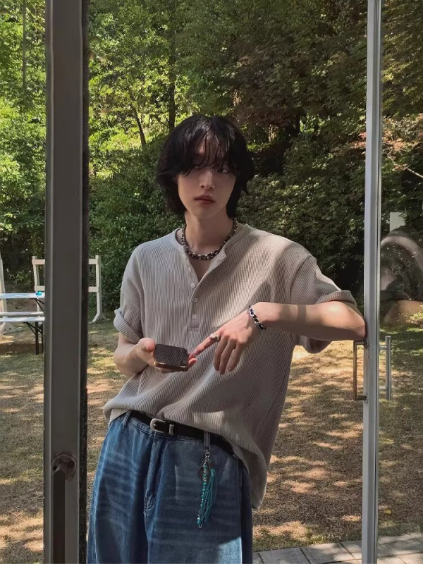 Ανδρικό T‑shirt με γιακά Henry, κοντομάνικο, καλοκαίρι, χαλαρή εφαρμογή, κορεατικό στυλ