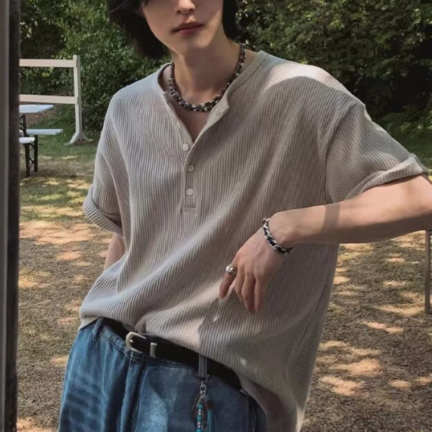 Ανδρικό T‑shirt με γιακά Henry, κοντομάνικο, καλοκαίρι, χαλαρή εφαρμογή, κορεατικό στυλ