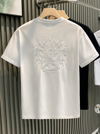 Αντρικό καλοκαιρινό T‑shirt με κέντημα και γεωμετρικό μοτίβο ζακάρ, κοντό μανίκι, στρογγυλή λαιμόκοψη