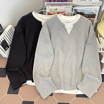 Muška dugačka rukava majica s waffle uzorkom, izgled dvaju dijelova, opuštena silueta, minimalistički retro casual, bez ovratnika, V-izrez, proljeće-jesen.