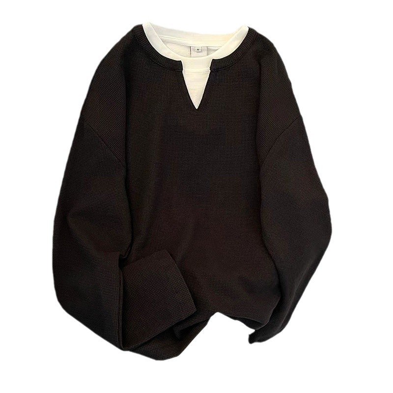 Muška dugačka rukava majica s waffle uzorkom, izgled dvaju dijelova, opuštena silueta, minimalistički retro casual, bez ovratnika, V-izrez, proljeće-jesen.