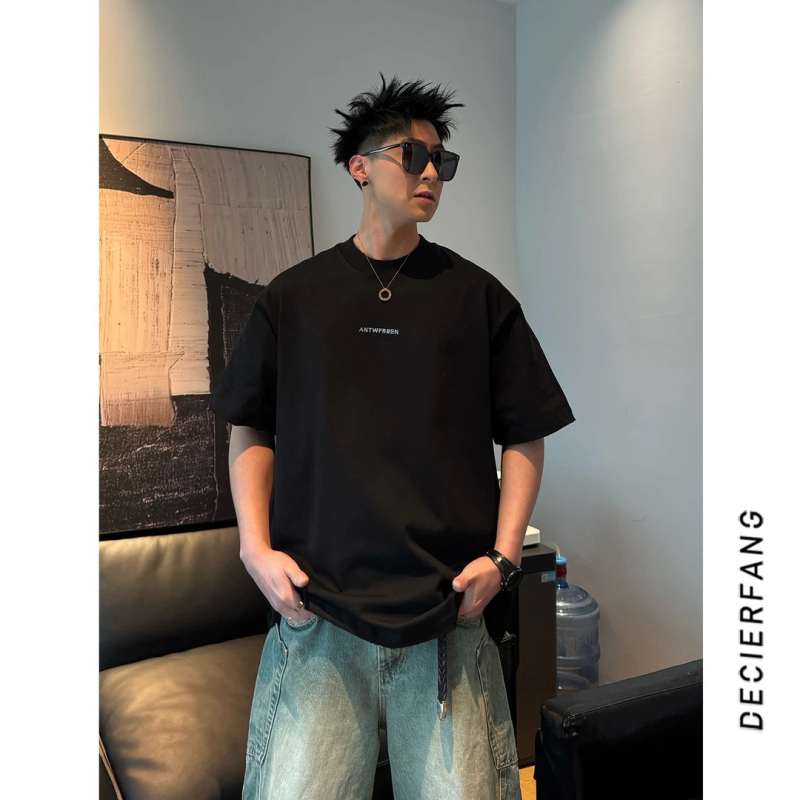 Νέο ανδρικό T‑shirt με γράμματα, χαλαρή γραμμή, αμερικάνικος στυλ, μονόχρωμο, casual τοπ για ζευγάρια