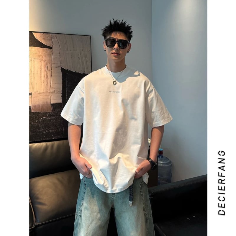 Νέο ανδρικό T‑shirt με γράμματα, χαλαρή γραμμή, αμερικάνικος στυλ, μονόχρωμο, casual τοπ για ζευγάρια