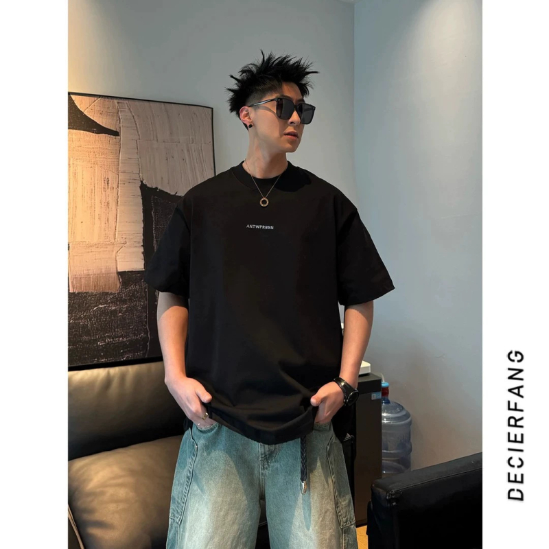 Νέο ανδρικό T‑shirt με γράμματα, χαλαρή γραμμή, αμερικάνικος στυλ, μονόχρωμο, casual τοπ για ζευγάρια