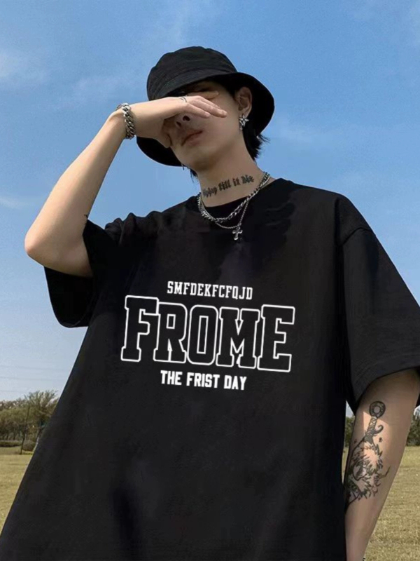 Ανδρικό κοντομάνικο T‑shirt από 100% βαμβάκι, απλός τύπωμα με γράμματα, άνετη γραμμή, καλοκαίρι, αμερικανικός street style