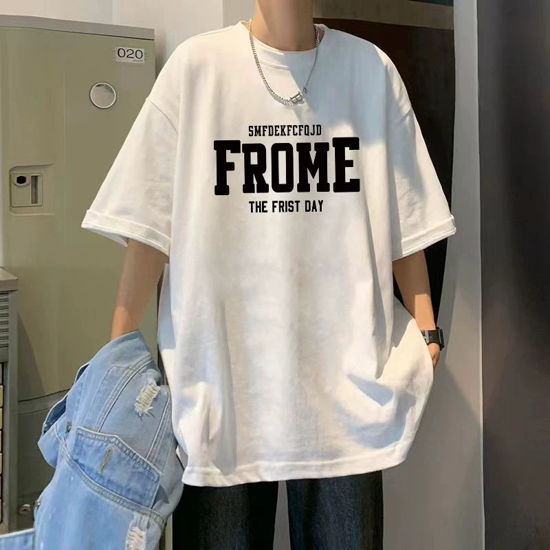 Ανδρικό κοντομάνικο T‑shirt από 100% βαμβάκι, απλός τύπωμα με γράμματα, άνετη γραμμή, καλοκαίρι, αμερικανικός street style