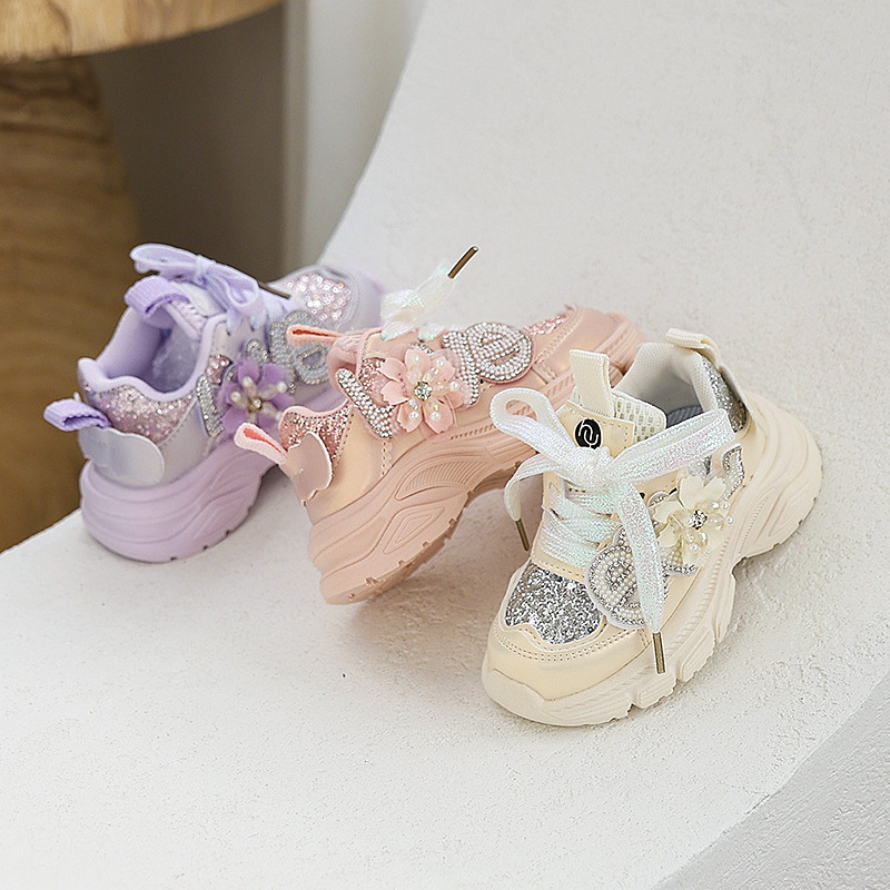 Κοριτσίστικα casual sneakers μόδας με στρας και παγιέτες, 2025 φθινοπωρινή συλλογή, πριγκιπικό στιλ με chunky σόλα