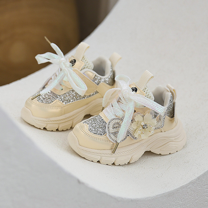 Κοριτσίστικα casual sneakers μόδας με στρας και παγιέτες, 2025 φθινοπωρινή συλλογή, πριγκιπικό στιλ με chunky σόλα