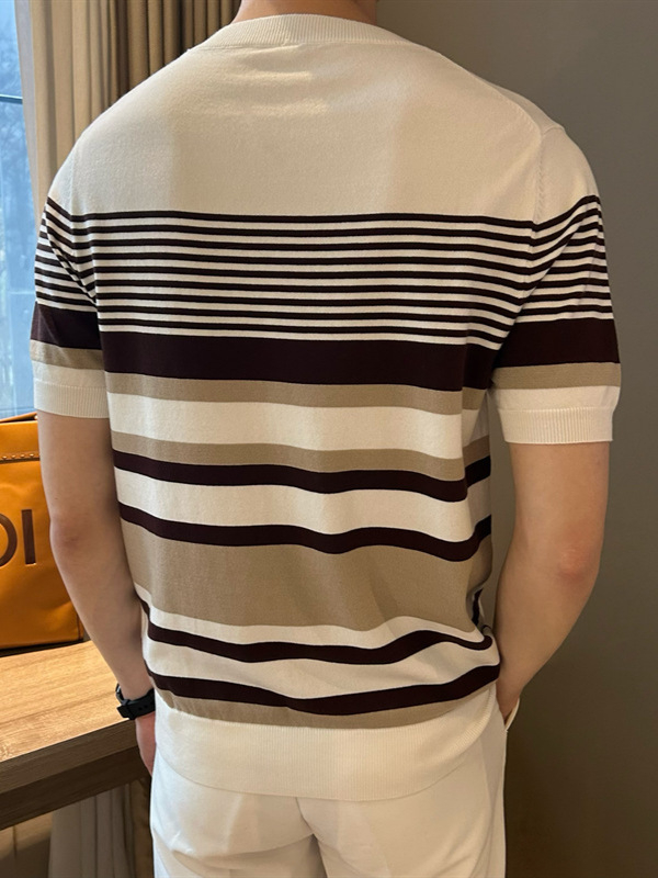 Ανδρικό πλεκτό T-shirt με ρίγες και αντίθεση χρωμάτων, κοντό μανίκι, στρογγυλός λαιμός, καλοκαίρι, υψηλής ποιότητας business casual