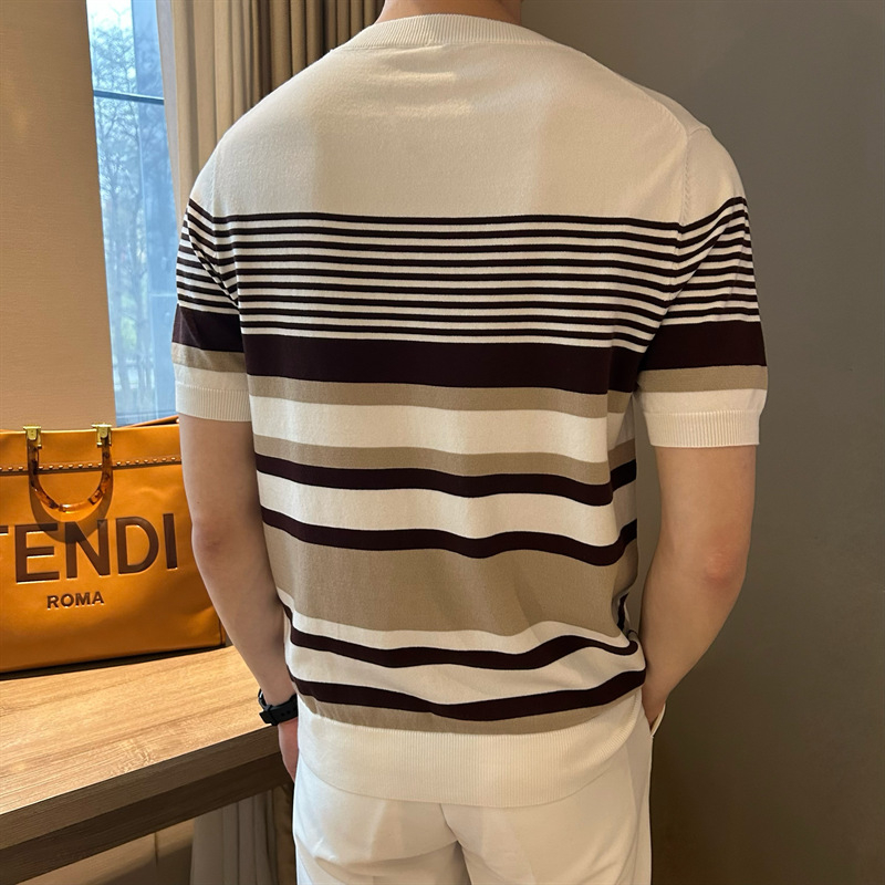 Ανδρικό πλεκτό T-shirt με ρίγες και αντίθεση χρωμάτων, κοντό μανίκι, στρογγυλός λαιμός, καλοκαίρι, υψηλής ποιότητας business casual