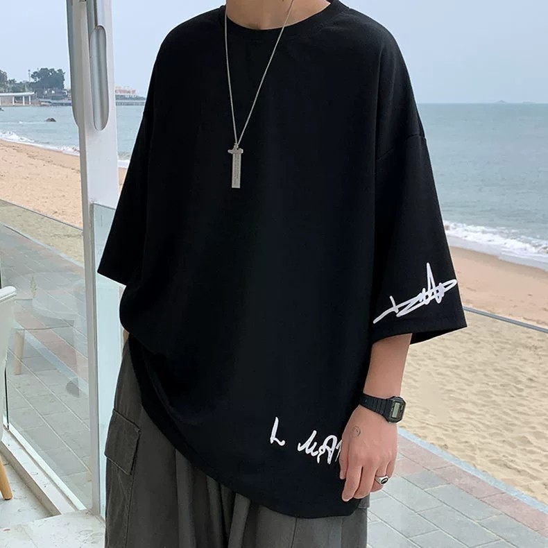 Ανδρικό καλοκαιρινό T‑shirt σε χαλαρή γραμμή, κοντό μανίκι, στυλ Χονγκ Κονγκ, εκτύπωση