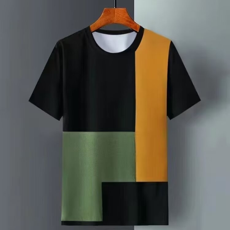 Ανδρικό T‑shirt από ice silk με καρό μοτίβ, κοντό μανίκι, στρογγυλός λαιμός, ελαφρύ καλοκαιρινό τοπ με σχέδιο αίματος