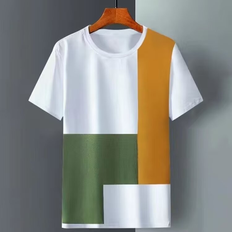 Ανδρικό T‑shirt από ice silk με καρό μοτίβ, κοντό μανίκι, στρογγυλός λαιμός, ελαφρύ καλοκαιρινό τοπ με σχέδιο αίματος