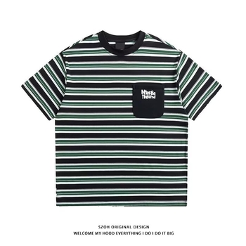 Ανδρικό κοντομάνικο T‑shirt με ρίγες και εκτύπωση γραμμάτων, άνετη γραμμή, σχέδιο με χρωματικά block, 100% βαμβάκι