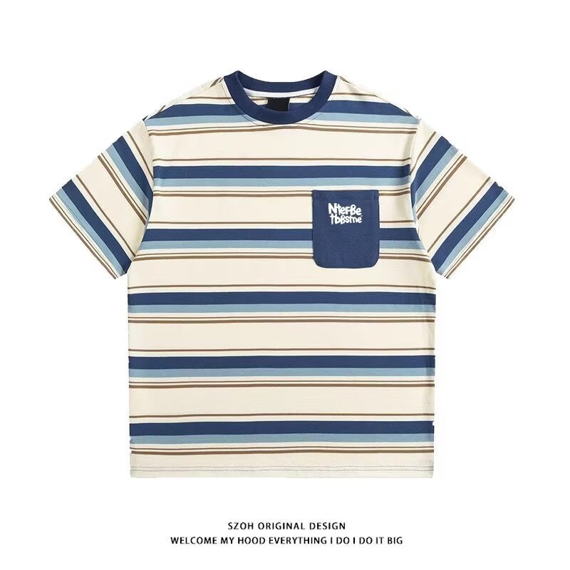 Ανδρικό κοντομάνικο T‑shirt με ρίγες και εκτύπωση γραμμάτων, άνετη γραμμή, σχέδιο με χρωματικά block, 100% βαμβάκι