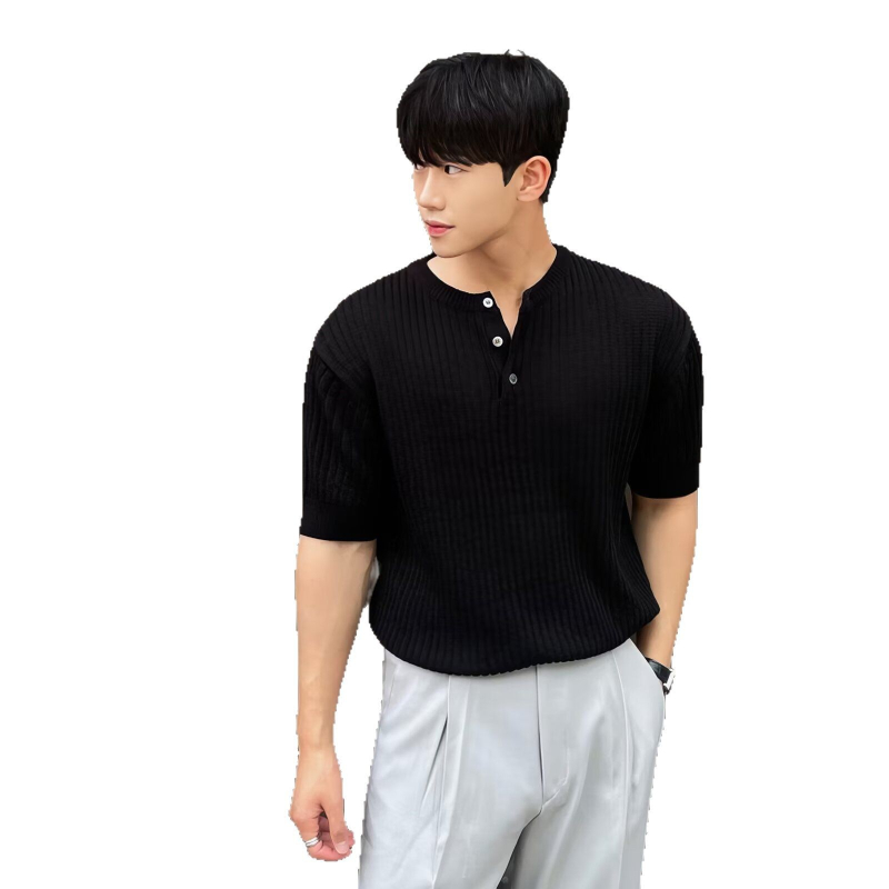 Muško ljetno polo s Henley ovratnikom, kratki rukavi, opušten kroj, vertikalne pruge, korejski stil, tanak materijal