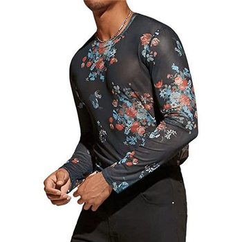 Ανδρικό μαύρο T‑shirt με print από διχτυωτό ύφασμα, μακριά μανίκια, plus size, slim fit