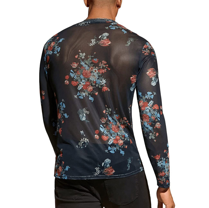 Ανδρικό μαύρο T‑shirt με print από διχτυωτό ύφασμα, μακριά μανίκια, plus size, slim fit