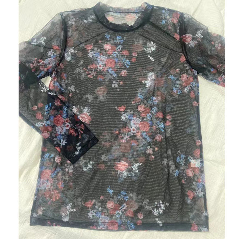 Ανδρικό μαύρο T‑shirt με print από διχτυωτό ύφασμα, μακριά μανίκια, plus size, slim fit
