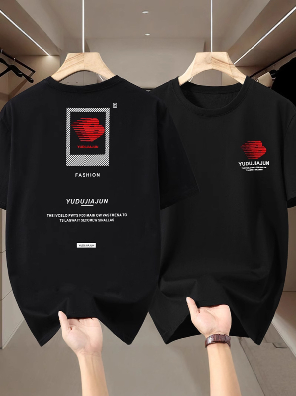Ανδρικό T‑shirt με κοντά μανίκια για μεγάλο μέγεθος, εκτύπωση με γράμματα, φαρδιά γραμμή, ύφασμα από μείγμα βαμβακιού, καλοκαίρι 2025