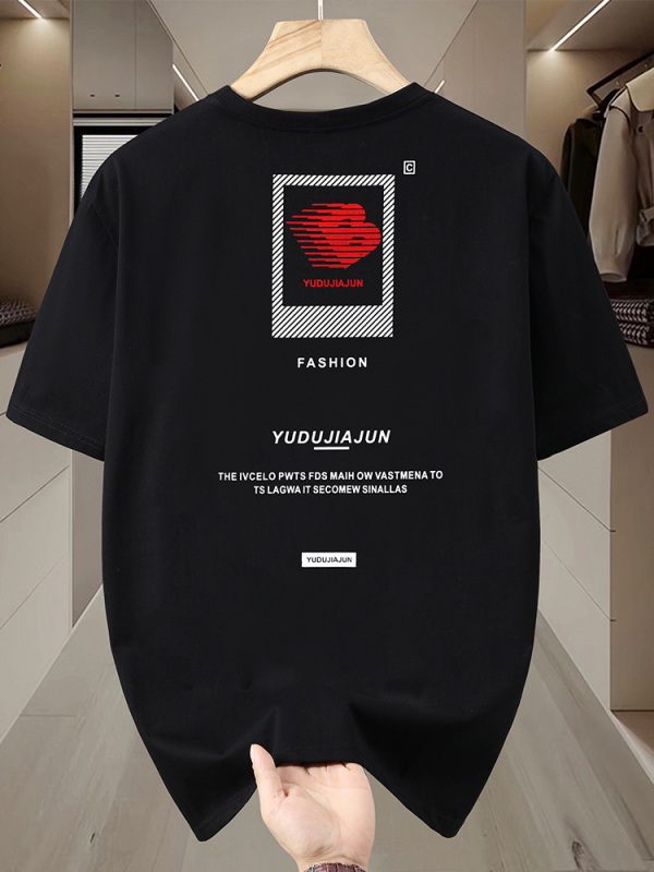 Ανδρικό T‑shirt με κοντά μανίκια για μεγάλο μέγεθος, εκτύπωση με γράμματα, φαρδιά γραμμή, ύφασμα από μείγμα βαμβακιού, καλοκαίρι 2025