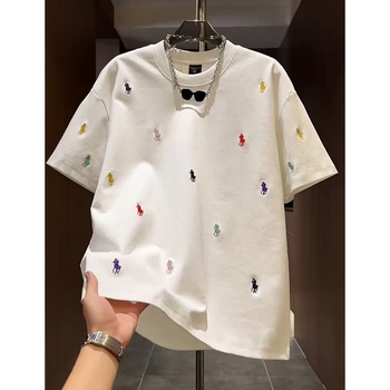 Ανδρική κοντομάνικη T-shirt με κέντημα, καλοκαιρινή εφαρμογή, στρογγυλός λαιμός, γεωμετρικό μοτίβο