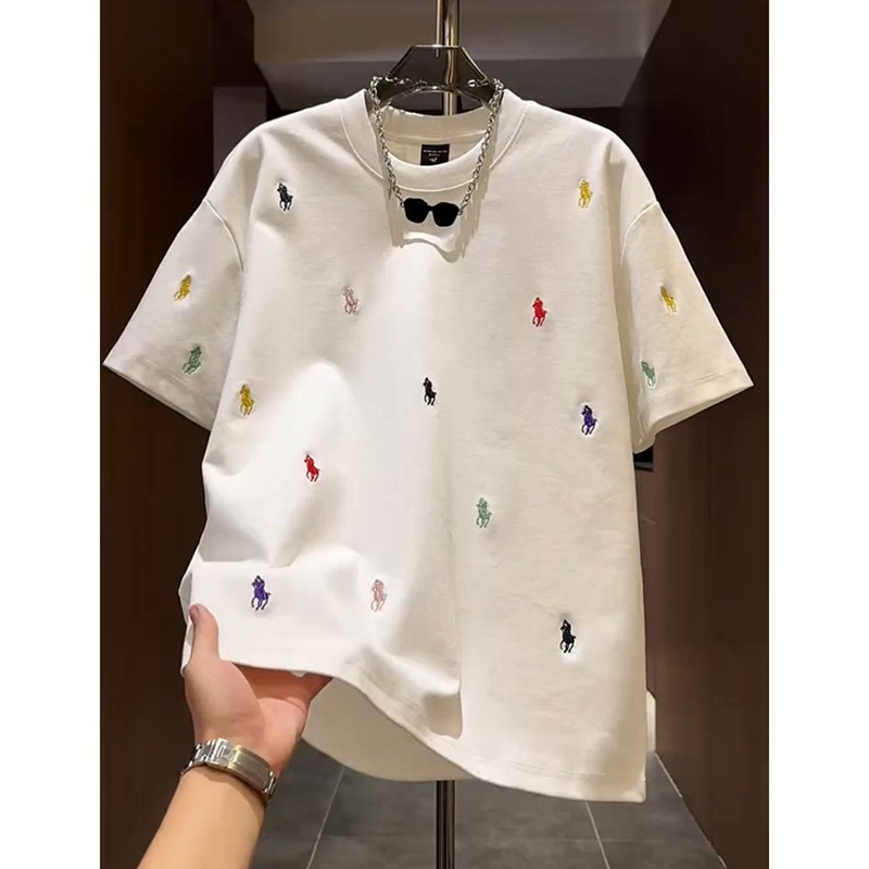 Ανδρική κοντομάνικη T-shirt με κέντημα, καλοκαιρινή εφαρμογή, στρογγυλός λαιμός, γεωμετρικό μοτίβο