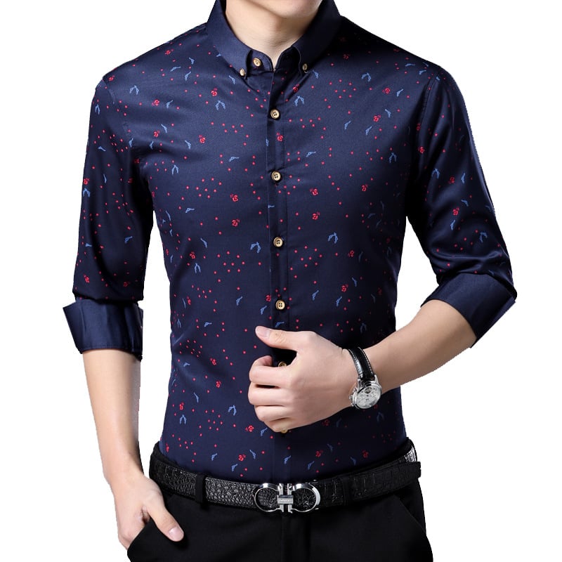 Ανδρικό πουκάμισο με φλοράλ εκτύπωση και γιακά με ρεβέρ, ελαφρύ ύφασμα, μακριά μανίκια, επαγγελματικό-καθημερινό στυλ, στενή γραμμή