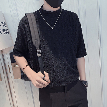 Ανδρικό T‑shirt από ice-silk, με ημι-υψηλό γιακά, κοντό μανίκι, καλοκαιρινό casual στυλ, κομψό αντρικό ρούχο, μοντέλο 2025