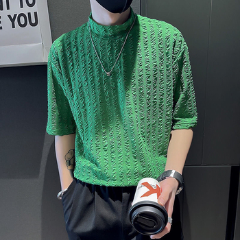 Ανδρικό T‑shirt από ice-silk, με ημι-υψηλό γιακά, κοντό μανίκι, καλοκαιρινό casual στυλ, κομψό αντρικό ρούχο, μοντέλο 2025