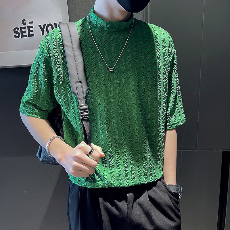 Ανδρικό T‑shirt από ice-silk, με ημι-υψηλό γιακά, κοντό μανίκι, καλοκαιρινό casual στυλ, κομψό αντρικό ρούχο, μοντέλο 2025